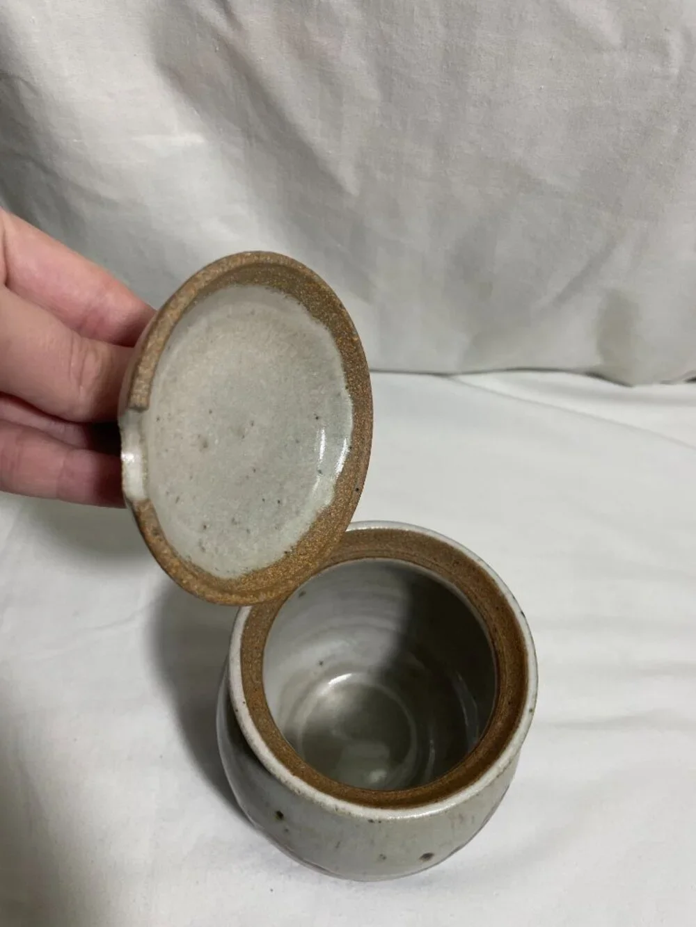 Vintage MCM Studio Stoneware Lidded Sugar Jar Spoon Notch Floral Chop Mark